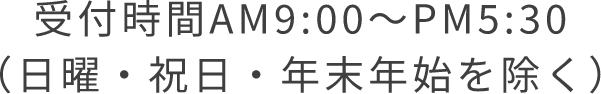 受付時間AM9:00~PM5:30(日曜・祝日・年末年始を除く)