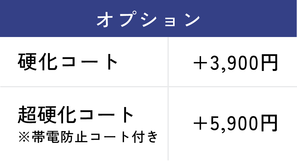 オプション　硬化コート＋3,900円、超硬化コート※帯電帯電コート付き＋5,900円